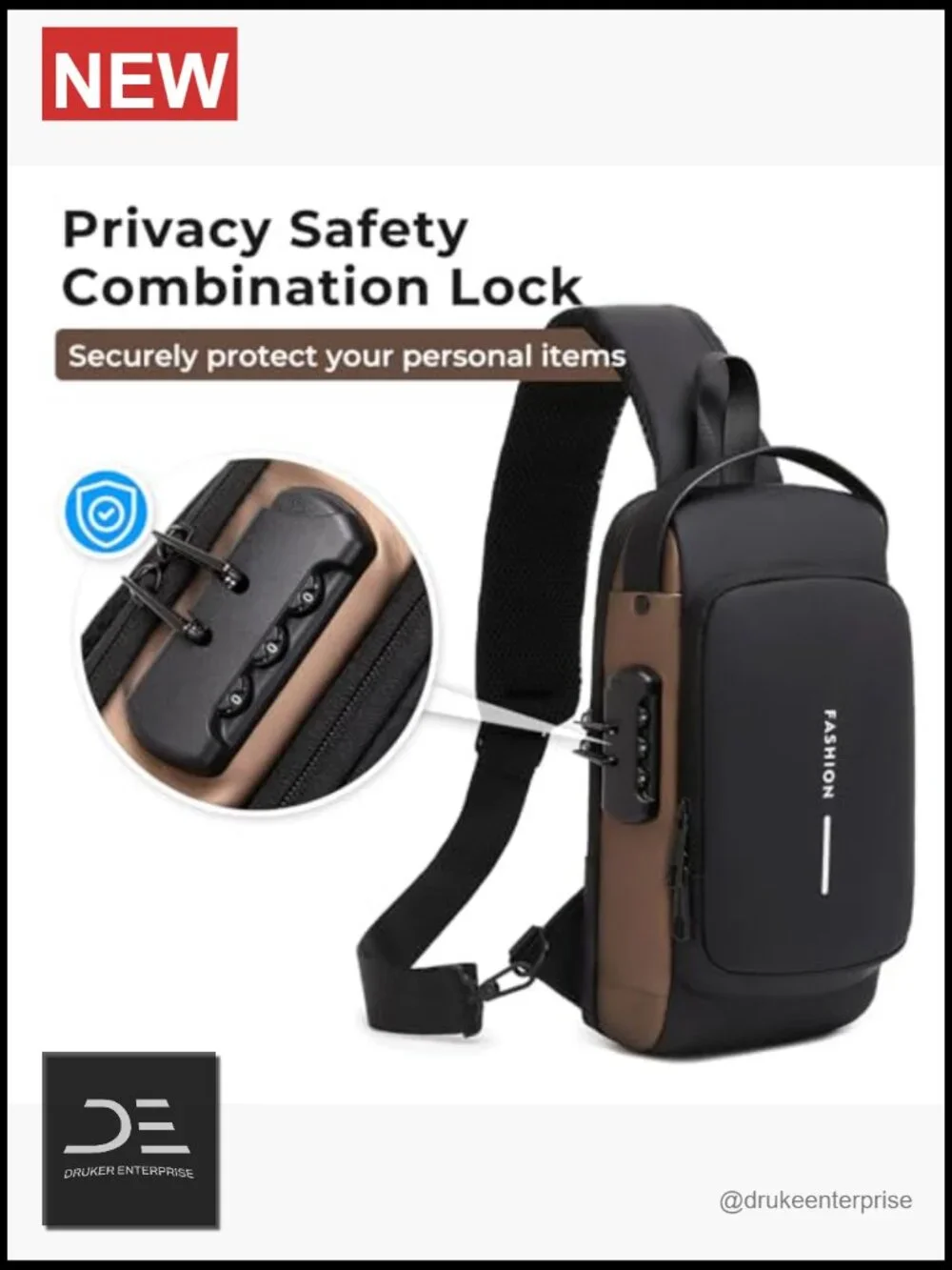 Anti-theft Crossbody Sling Bag with Combination Lock, Faux Leather, Men